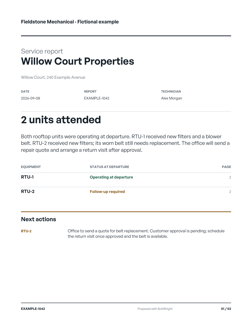 Customer report for a fictional two-unit visit, separating completed work from the repair awaiting approval