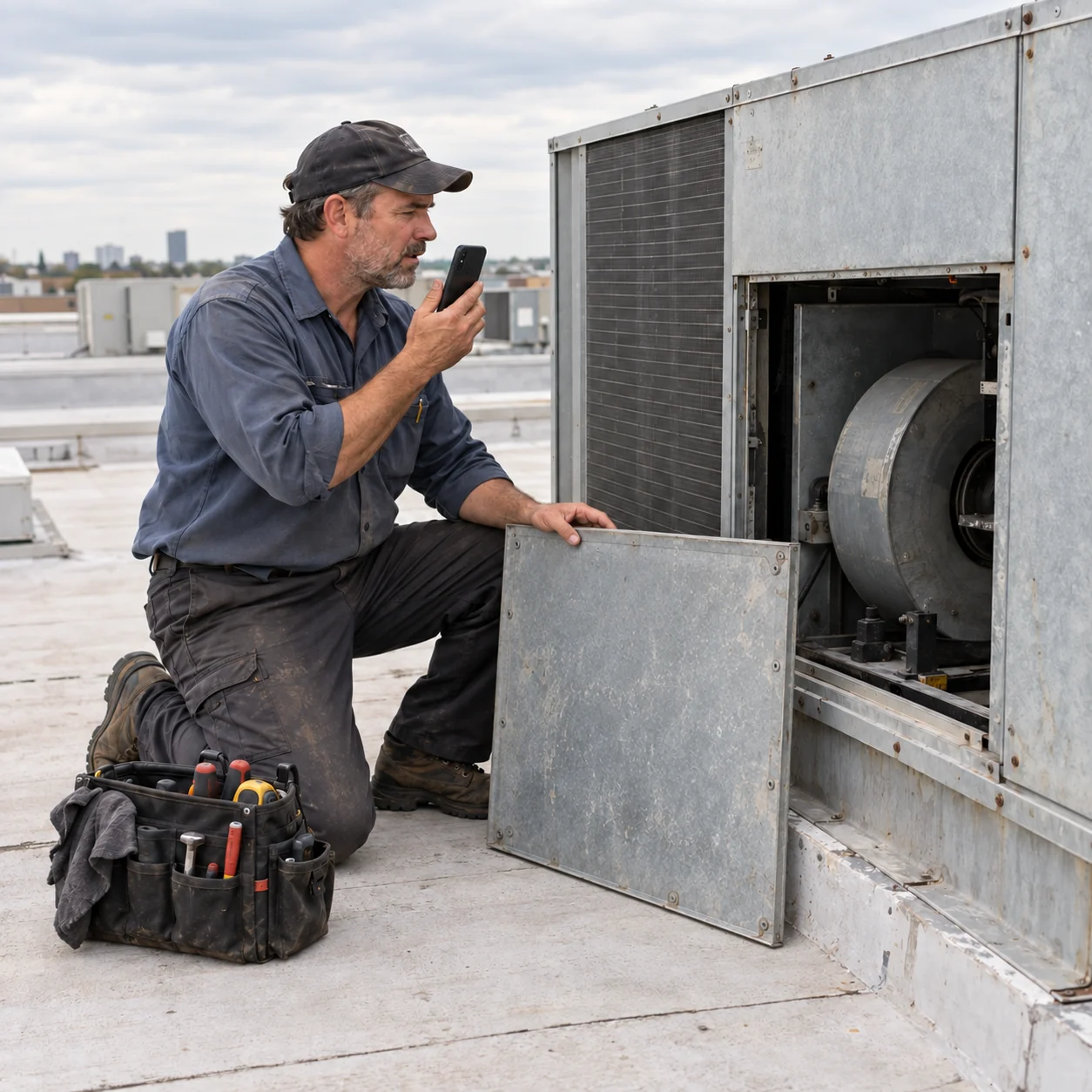 Generated illustration of a mechanic recording a voice note beside an open rooftop unit, with tools and its service panel ready to refit