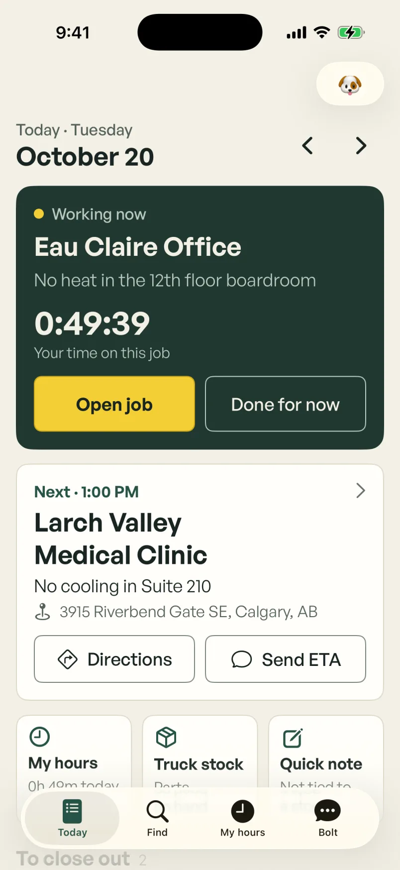 The Field app's Today screen: working now at Eau Claire Office on no heat in the 12th floor boardroom, 49 minutes on the job, and next at 1:00 PM, Larch Valley Medical Clinic for no cooling in Suite 210, with Directions and Send ETA.