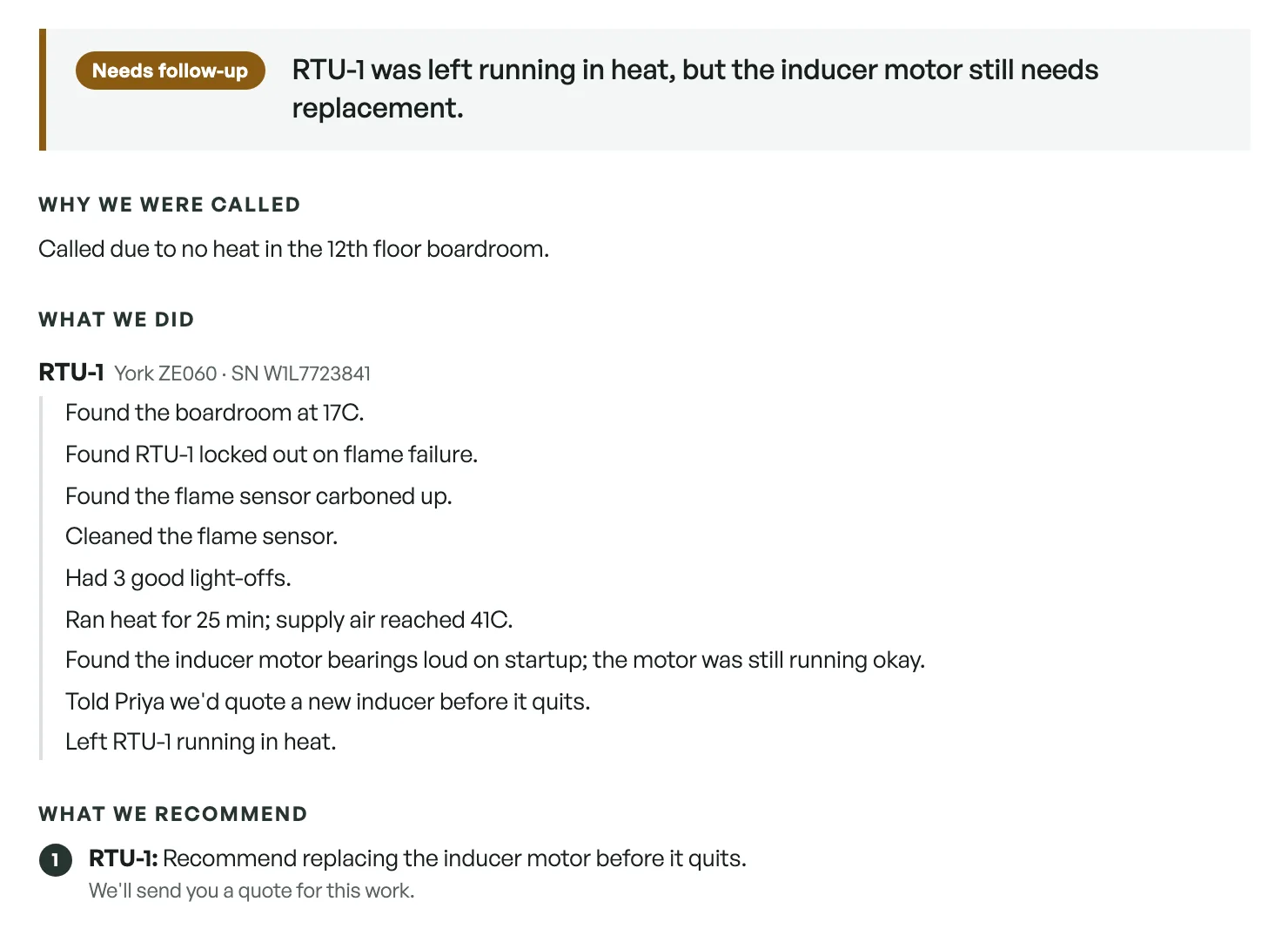 The service report Bolt drafted from that note, open for the office to check. Summary: RTU-1 was left running in heat, but the inducer motor still needs replacement. Below it, each thing the tech found and did on RTU-1, line by line.