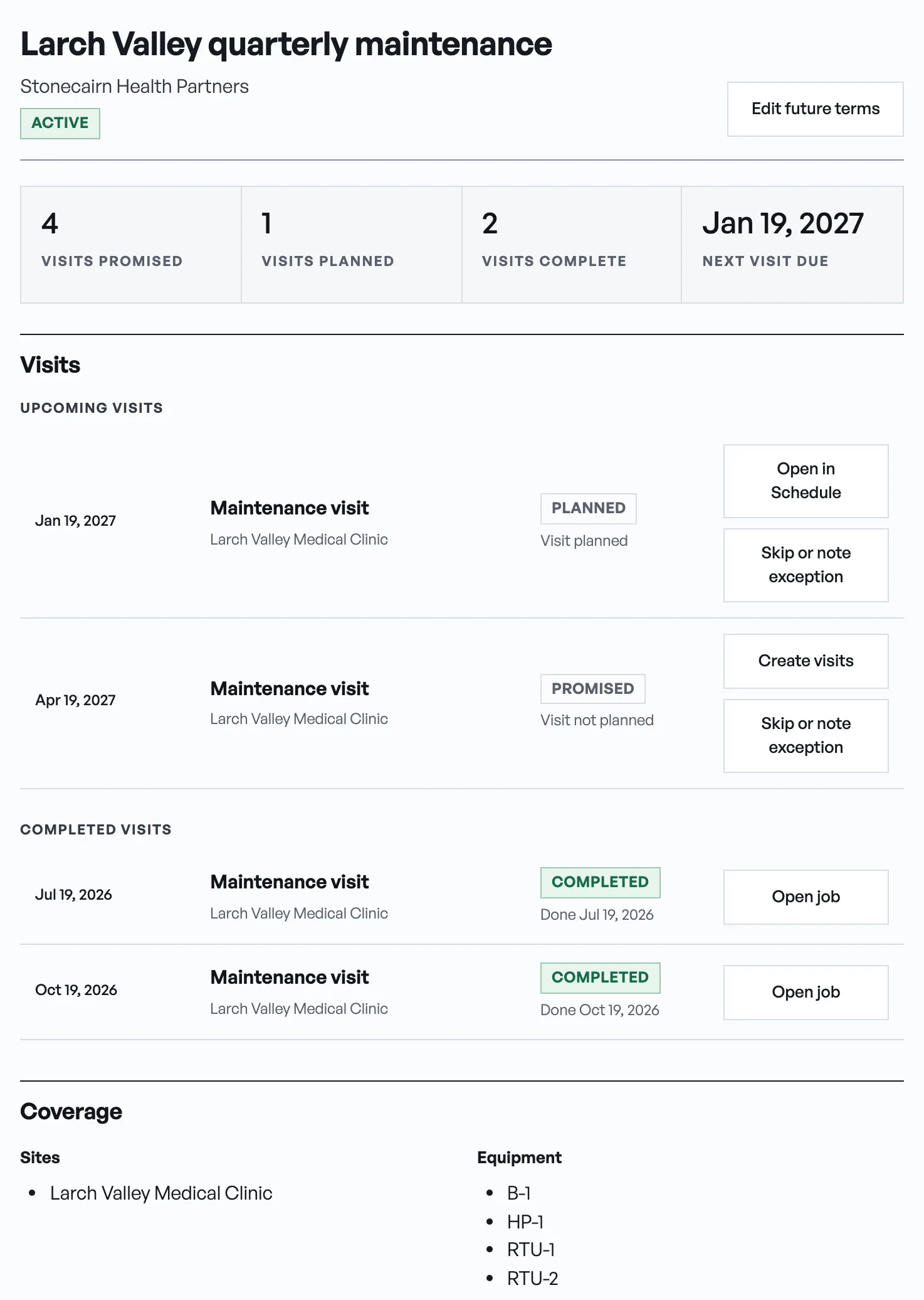 A maintenance agreement in the office app: Larch Valley quarterly maintenance for Stonecairn Health Partners, active. A strip reads 4 visits promised, 1 planned, 2 complete, next visit due Jan 19, 2027, and below it the visits by date, starting with the next one, planned.