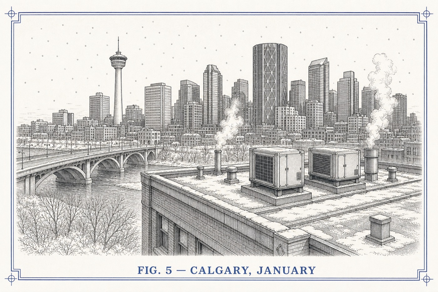 Engraved panorama of the Calgary skyline in January from a commercial rooftop with two rooftop units and steaming vent stacks