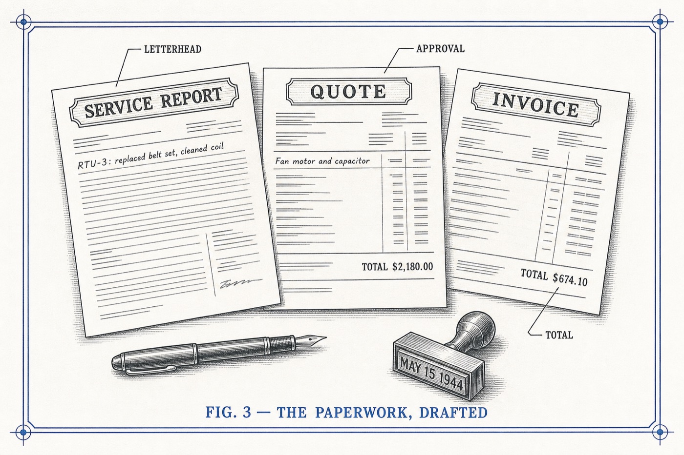 Engraved drawing of a service report, quote, and invoice fanned on a drafting table beside a pen and date stamp