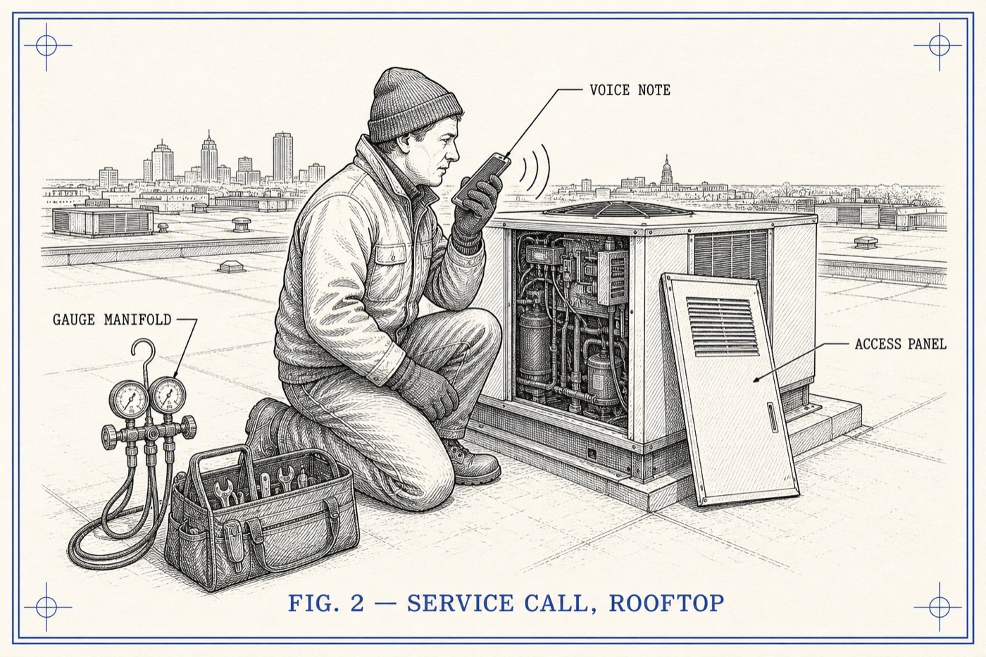 Engraved drawing of a service technician kneeling at an open rooftop unit, speaking a voice note into his phone