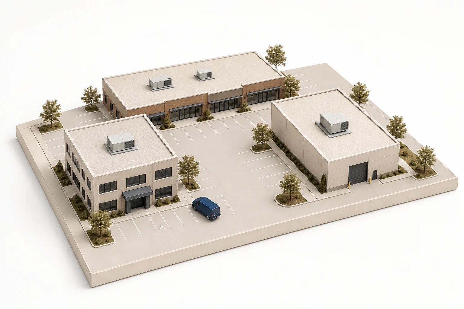 Architectural illustration of three commercial buildings, rooftop equipment and a service van parked clear of the sidewalk